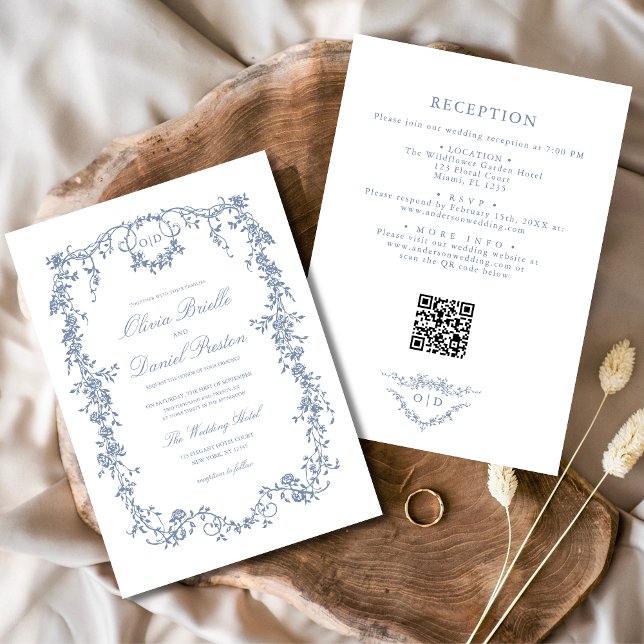 Invitation Victorian Dusty Blue QR Code Floral Mariage (Créateur téléchargé)
