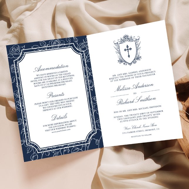 Invitation Victorian Navy Blue Catholic QR Code Wedding (Créateur téléchargé)