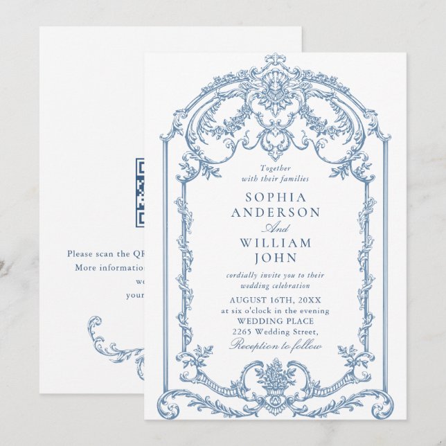Invitation Victorian Ornate Floral Dusty Blue Code QR Mariage (Devant / Derrière)