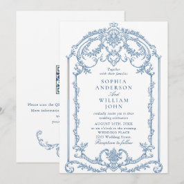 Invitation Victorian Ornate Floral Dusty Blue Code QR Mariage
