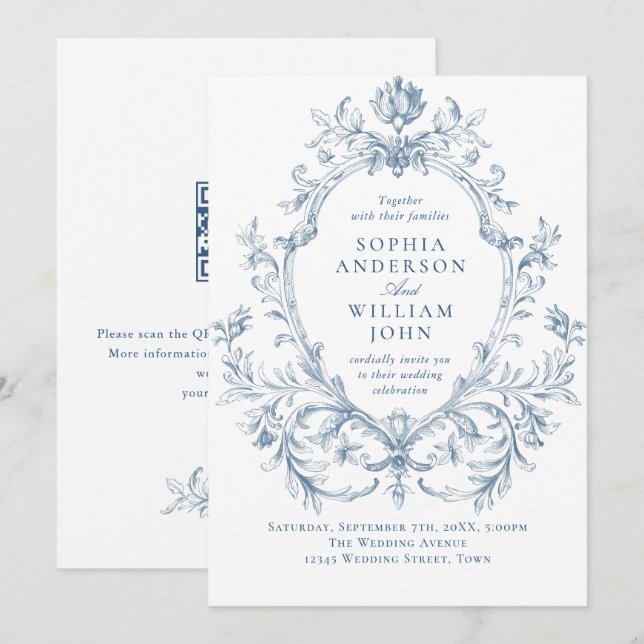 Invitation Victorian Ornate Floral Dusty Blue Code QR Mariage (Devant / Derrière)