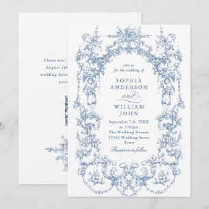 Invitation Victorian Ornate Floral Dusty Blue Code QR Mariage