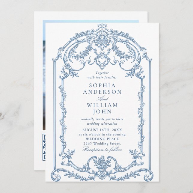 Invitation Victorian Ornate Floral Dusty Blue Code QR Mariage (Devant / Derrière)