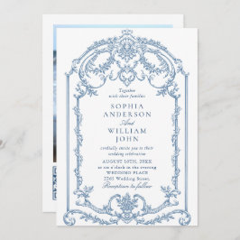 Invitation Victorian Ornate Floral Dusty Blue Code QR Mariage
