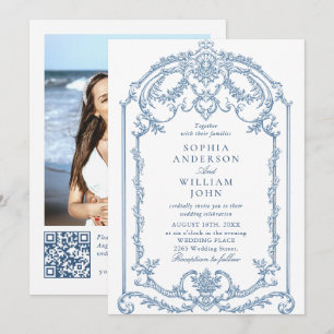 Invitation Victorian Ornate Floral Dusty Blue Code QR Mariage