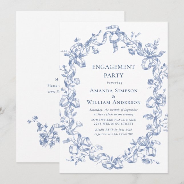 Invitation Victorian Ornate Grace Dusty Blue ENGAGEMENT PARTY (Devant / Derrière)
