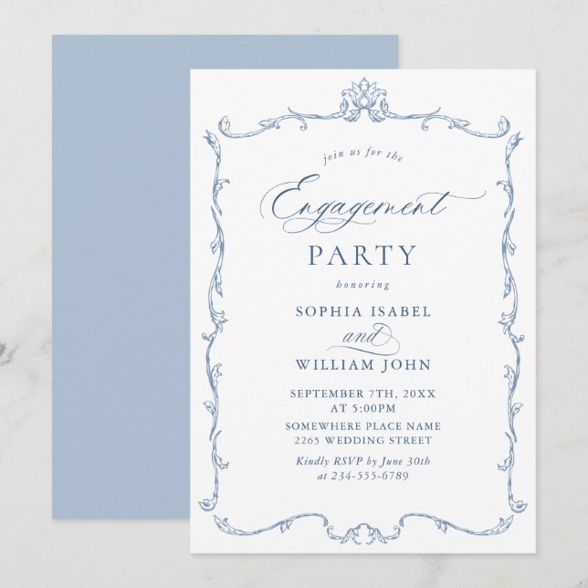 Invitation Victorian Ornate Grace Dusty Blue ENGAGEMENT PARTY (Devant / Derrière)