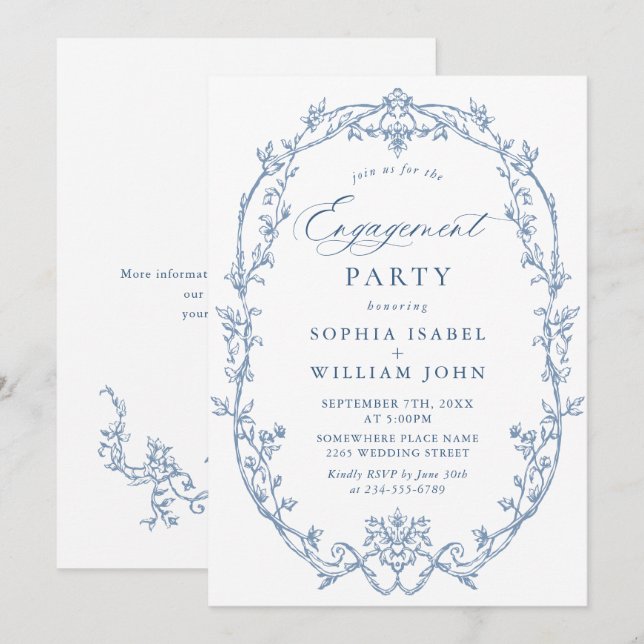 Invitation Victorian Ornate Grace Dusty Blue ENGAGEMENT PARTY (Devant / Derrière)