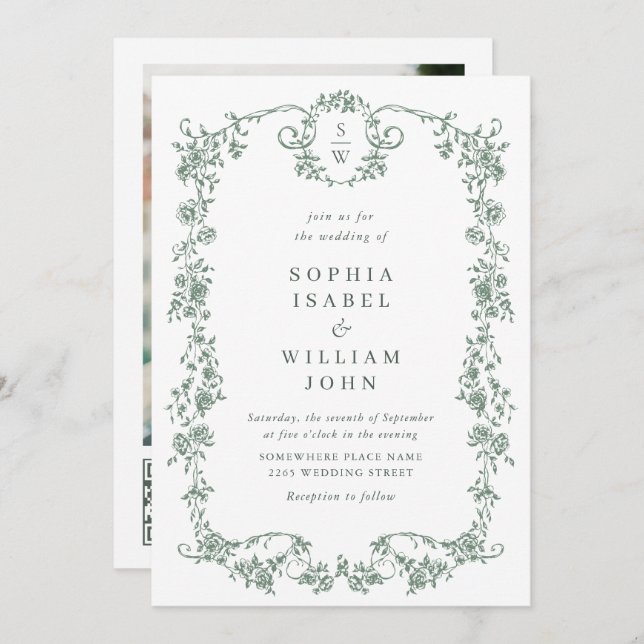 Invitation Victorian Ornate Grace Green Photo Code QR Mariage (Devant / Derrière)