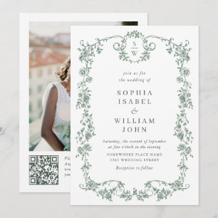 Invitation Victorian Ornate Grace Green Photo Code QR Mariage