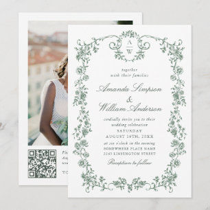Invitation Victorian Ornate Grace Green Photo Code QR Mariage