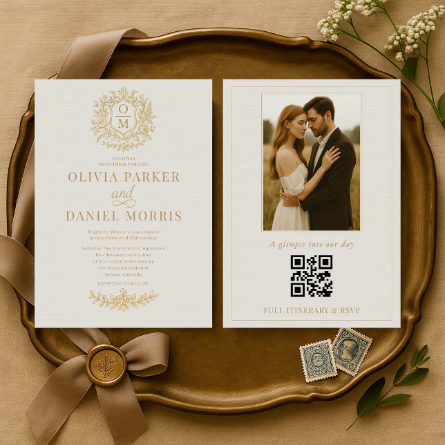Invitation Victorian Photo QR Code Floral Elegant Wedding (Créateur téléchargé)