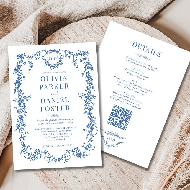 Invitation Victorian Royal Blue All in One Wedding Monogram (Créateur téléchargé)