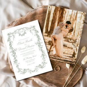 Invitation Victorian Sage Green Photo Monogramme Mariage