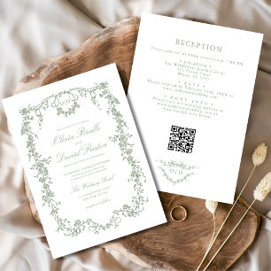 Invitation Victorian Sage Green QR Code Floral Mariage