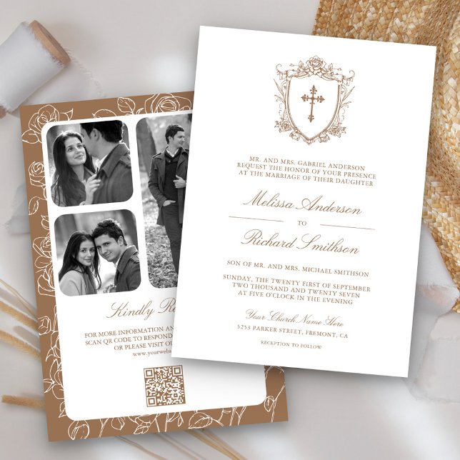 Invitation Victorien Beige catholique QR Code Mariage (Créateur téléchargé)