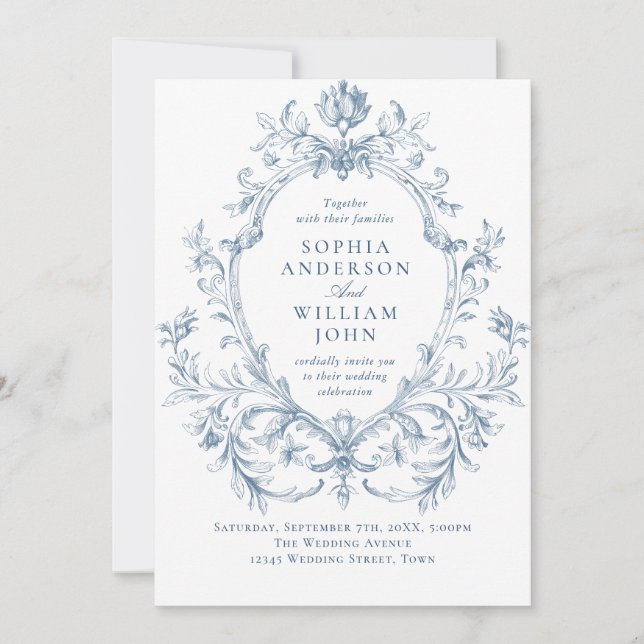 Invitation Victorien Ornate Grace Floral Dusty Mariage bleu (Devant)