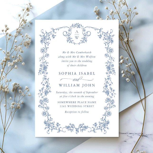 Invitation Victorien Ornate Grace Floral Dusty Mariage bleu (Créateur téléchargé)