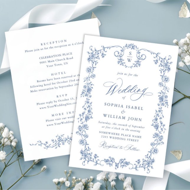 Invitation Victorien Ornate Grace Floral Dusty Mariage bleu (Créateur téléchargé)