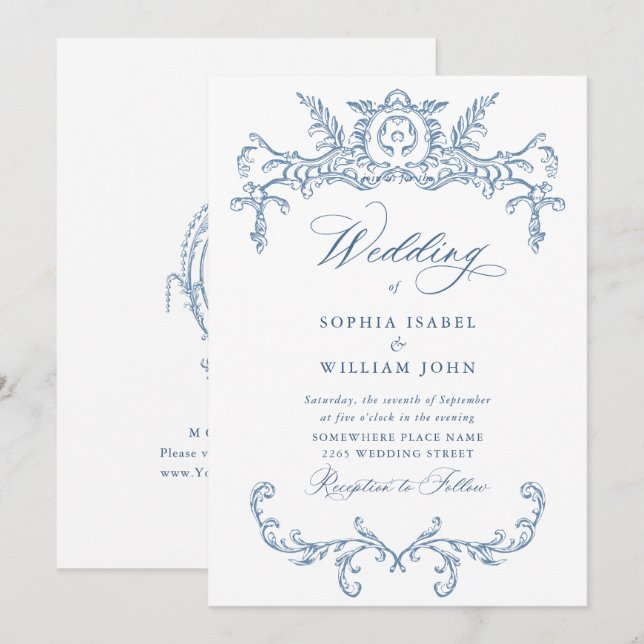 Invitation Victorien Ornate Grace Floral Dusty Mariage bleu (Devant / Derrière)