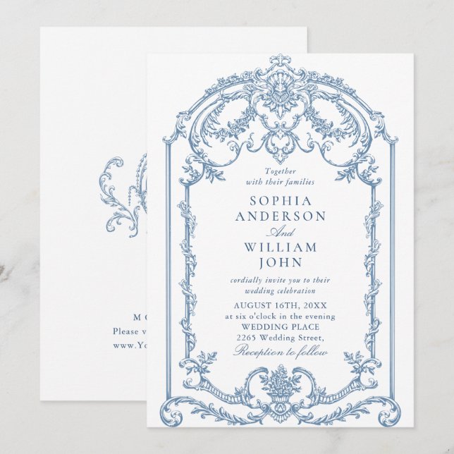 Invitation Victorien Ornate Grace Floral Dusty Mariage bleu (Devant / Derrière)