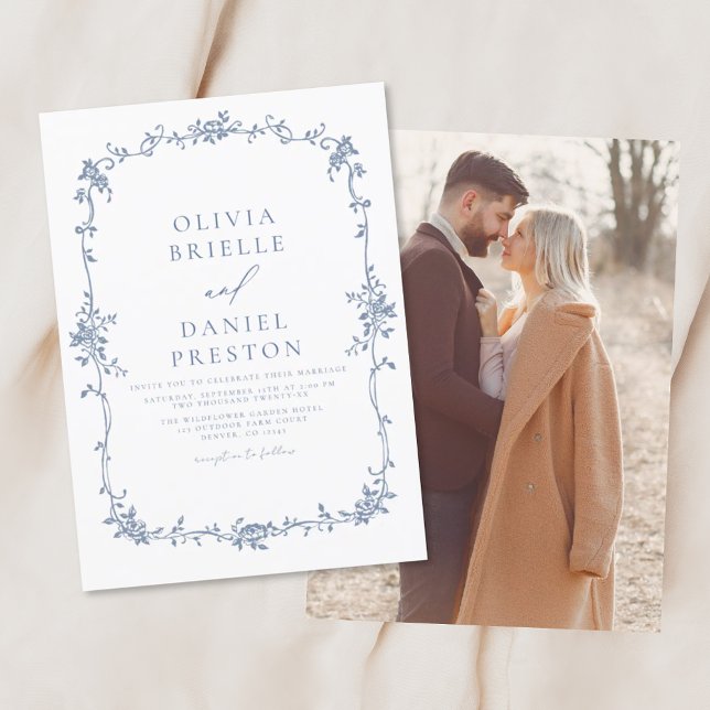 Invitation Victorien Vintage Français Photo Mariage bleu (Créateur téléchargé)