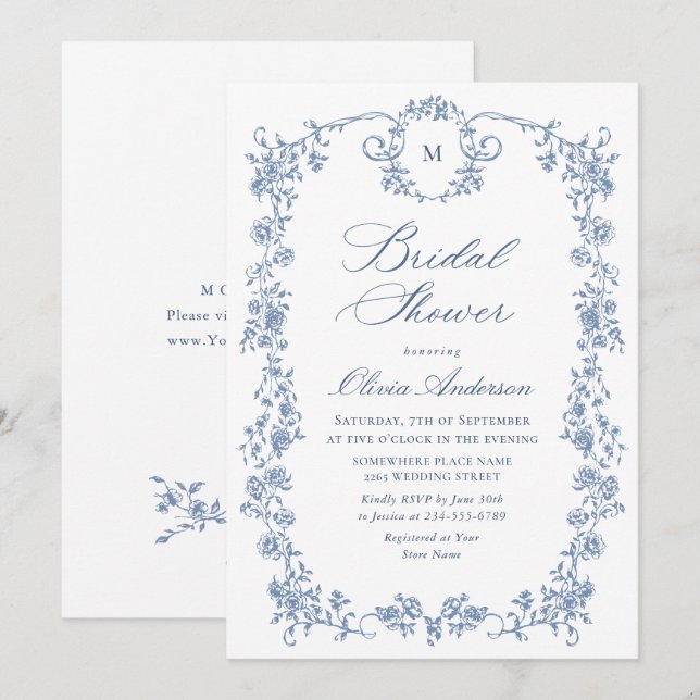Invitation Victorienne Ornate Grace Dusty Fête des mariées bl (Devant / Derrière)