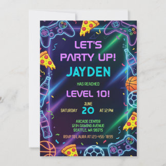 Invitation Video Game Birthday Invitation, Neon Gaming Party