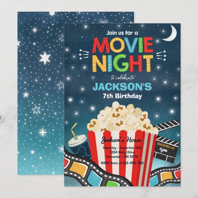 Invitation Vidéo Nuit Anniversaire Fête Film Sleepover Popcor (Devant / Derrière)