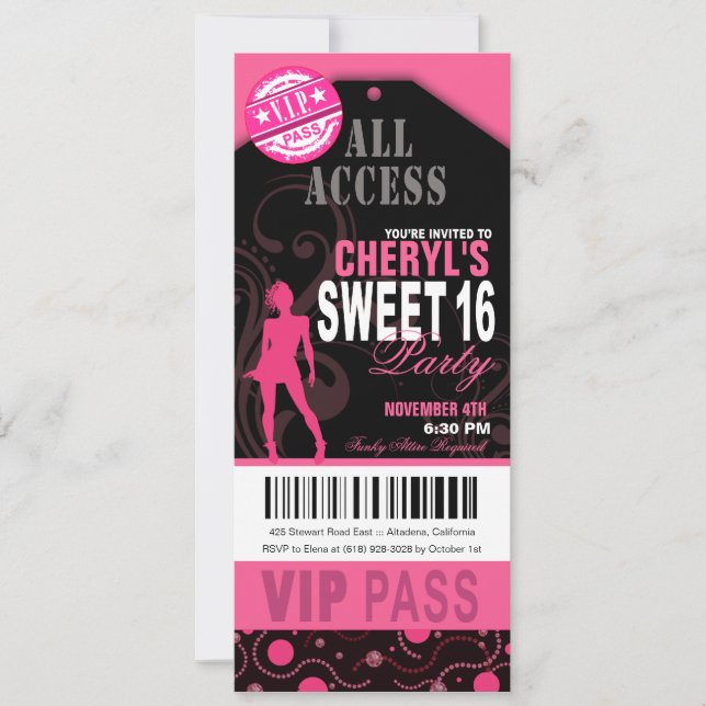 Invitation Vidéo VIP Sweet 16 rose et noir (Devant)