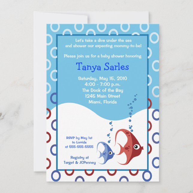 Invitation Vie marine POISSON ROUGE POISSON BLEU 5x7 Baby sho (Devant)