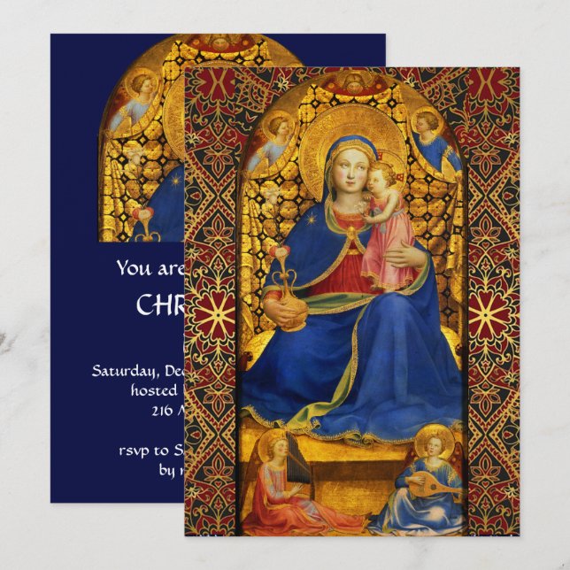 Invitation VIERGE AVEC ENFANT ET ANGES Fête de Noël Bleu (Devant / Derrière)