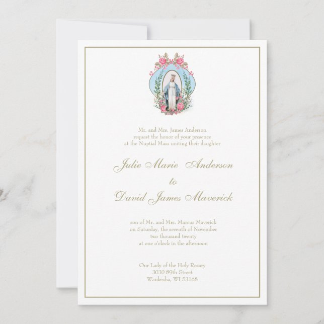 Invitation Vierge catholique Marie Rose Roses Mariage (Devant)