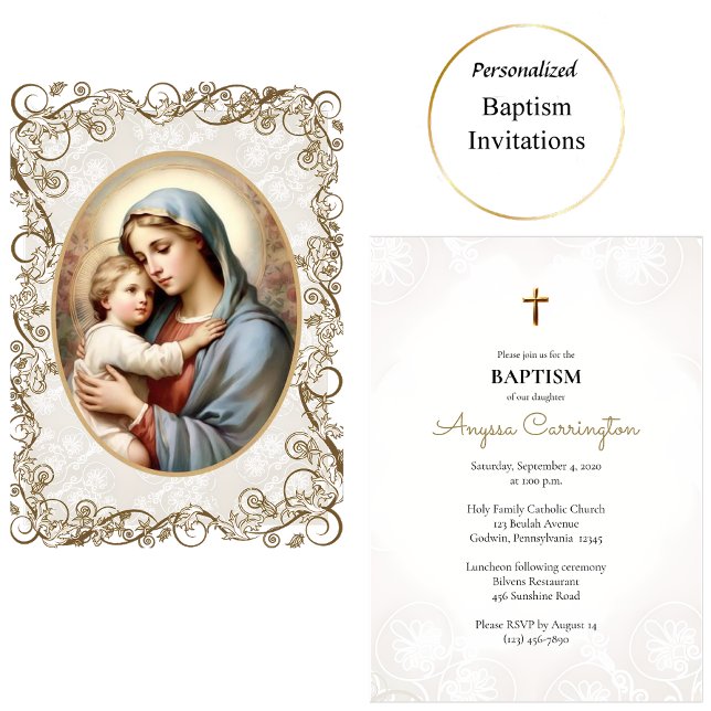Invitation Vierge et enfant Ornate Gold Frame Baptême catholi (Créateur téléchargé)