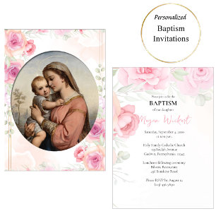 Invitation Vierge et Enfant Roses Roses Tendres Catholique Ba