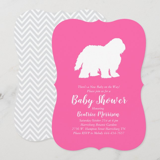 Invitation Vieux anglais Sheepdog Chien Baby shower fille ros (Devant / Derrière)