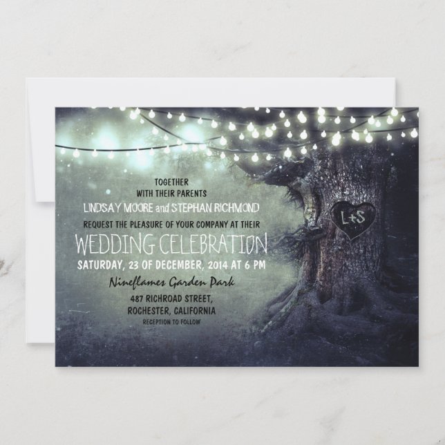 Invitation vieux arbre sculpté lumières scintillantes mariage (Devant)