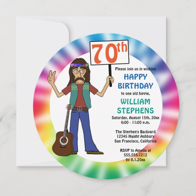 Invitation Vieux Hippie Hippy Tie Dye 70e anniversaire fête I (Devant)