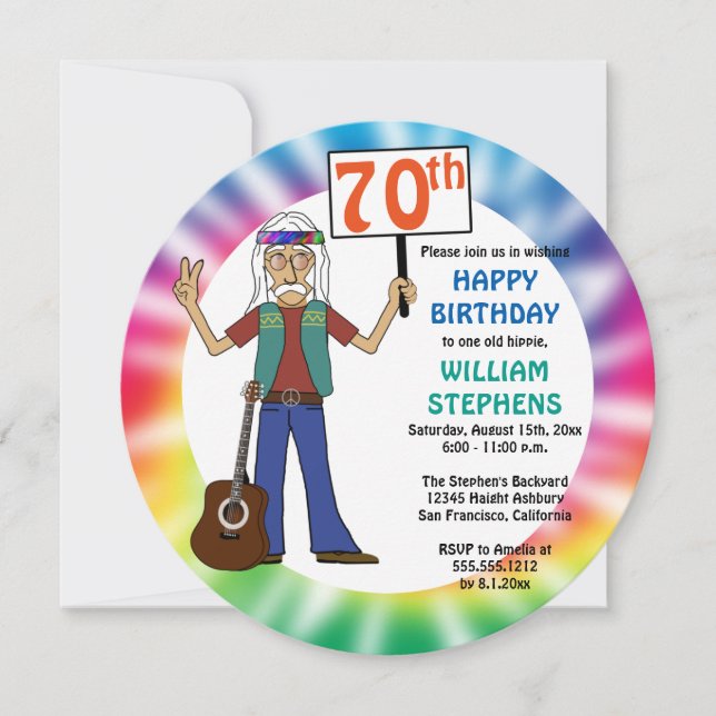 Invitation Vieux Hippie Hippy Tie Dye 70e fête d'anniversaire (Devant)