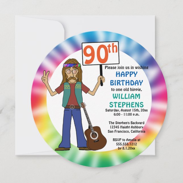 Invitation Vieux Hippie Hippy Tie Dye 90e fête d'anniversaire (Devant)