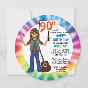 Invitation Vieux Hippie Hippy Tie Dye 90e fête d'anniversaire