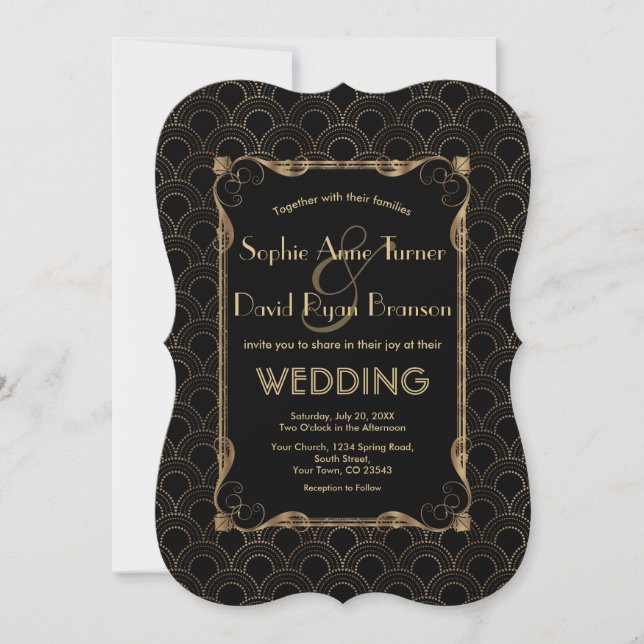 Invitation Vieux Hollywood Gold Black Great Gatsby Mariage (Devant)