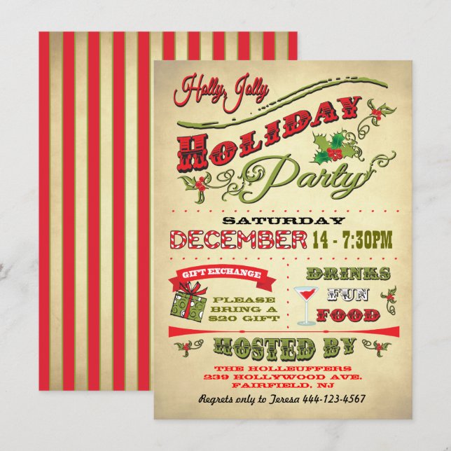 Invitation Vieux mode Holly Jolly Fête de vacances (Devant / Derrière)