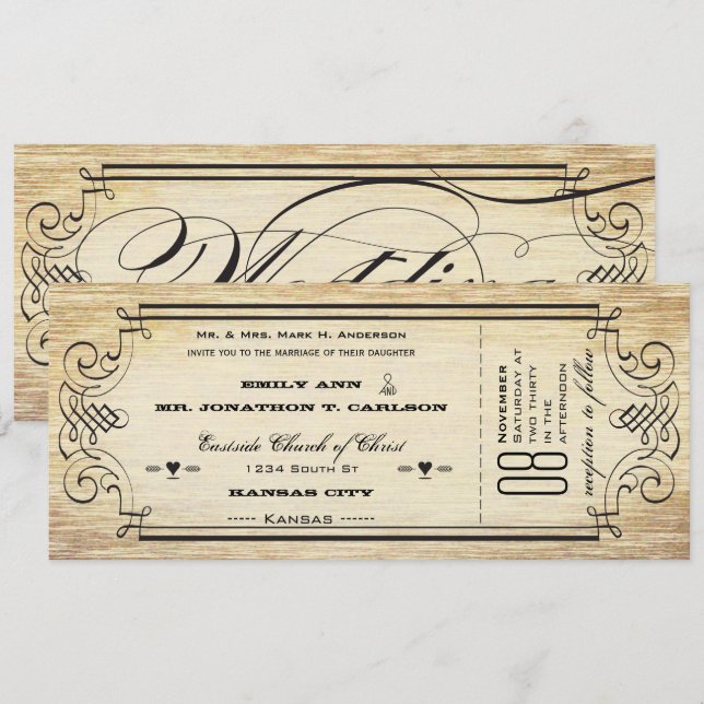 Invitation Vieux papier Billet Flourissant Mariage de typogra (Devant / Derrière)