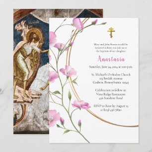 Invitation Vigne de fleurs roses élégantes Baptême orthodoxe