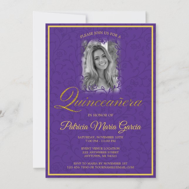 Invitation Vignes florales violettes royales avec photo (Devant)