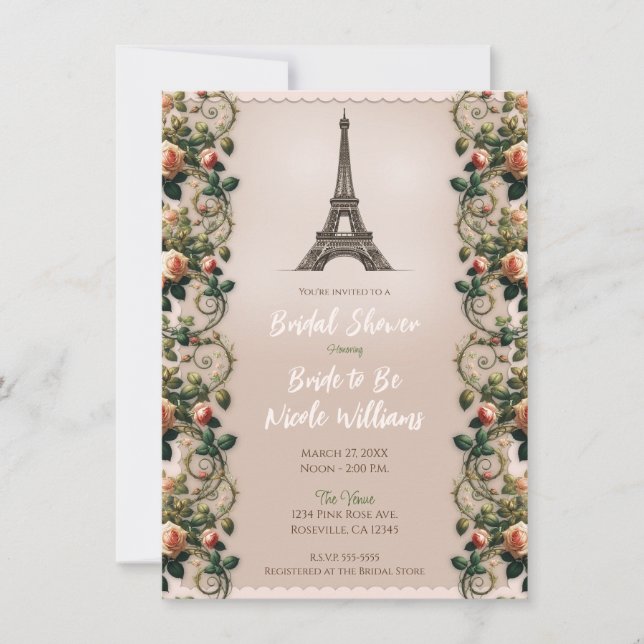 Invitation Vignes rose rose Shabby Vins Floral Thé nuptiale D (Devant)