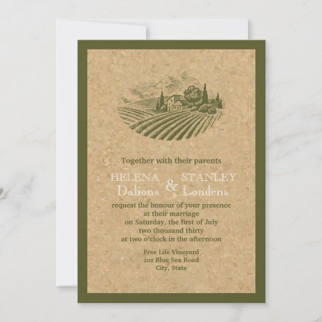 Invitation Vignoble vintage et liège beige, mariage rouge (Devant)