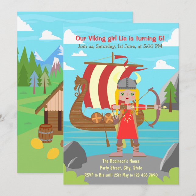 Invitation Viking Girl posant devant Viking ship Party (Devant / Derrière)