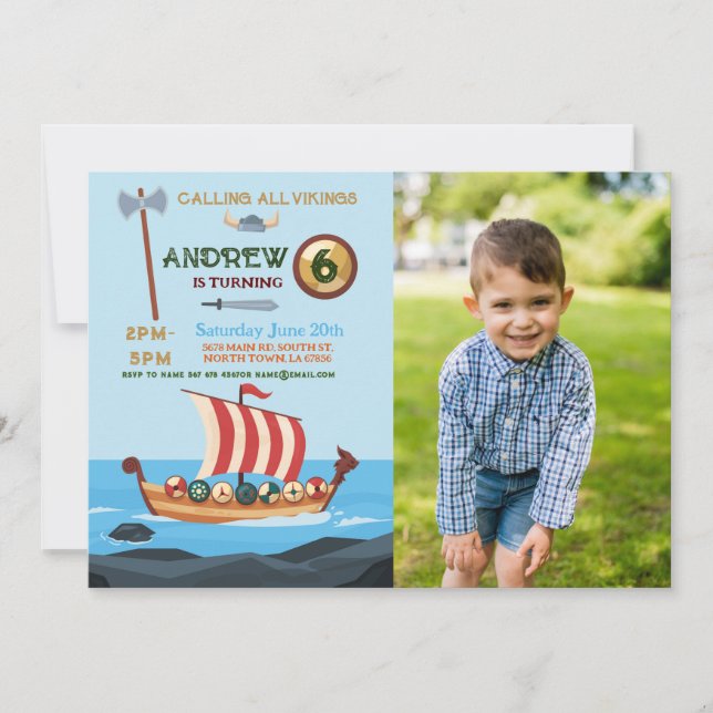 Invitation Vikings Birthday Boat Warrior Ax Photos (Devant)